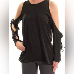 Revolve L'Academie Cold Shoulder Tie Long  Sleeve Blouse Taupe Pink Long Sleeve